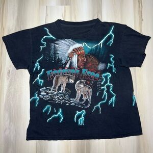 Rare VTG USA THUNDER Forever Free Wolves All Over Lightning Print T Shirt 90s